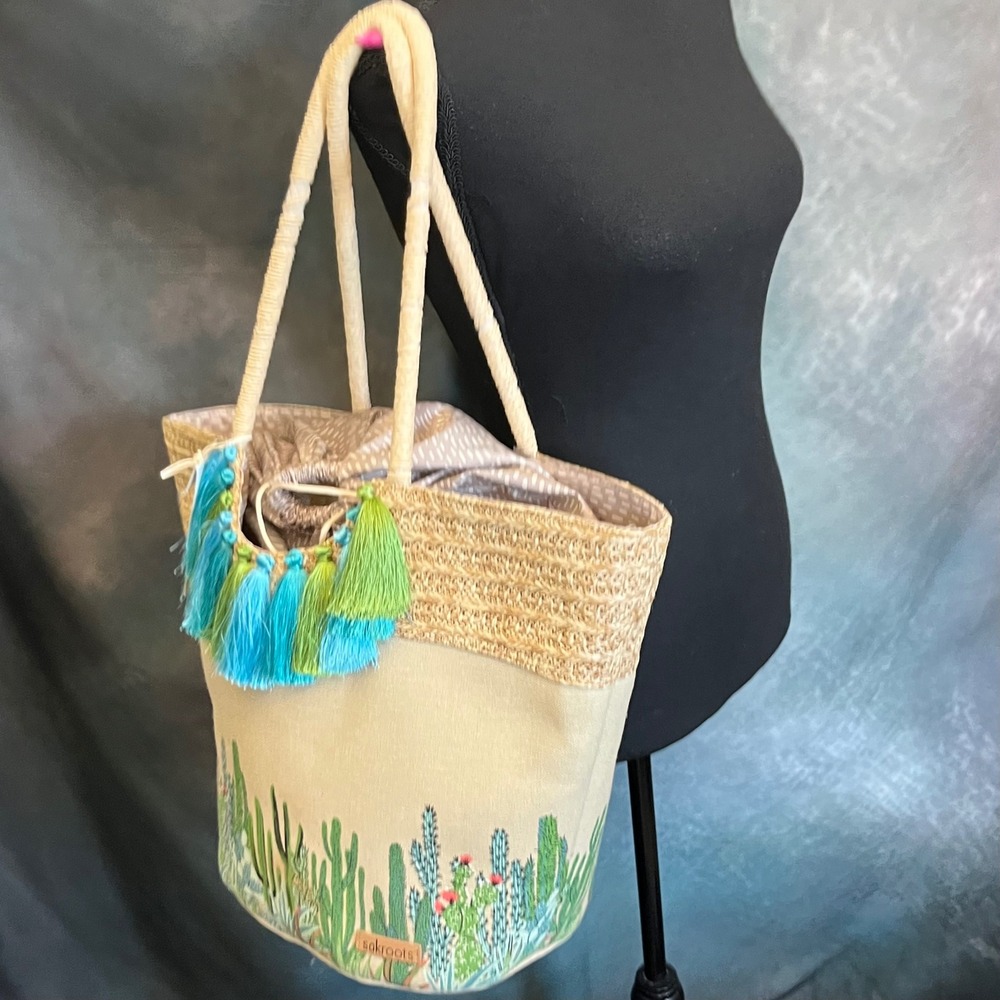 Sakroots‎ Artist Circle Lola Beach Bag Cactus Floral Straw Tote Summer Vacation - Picture 9 of 9